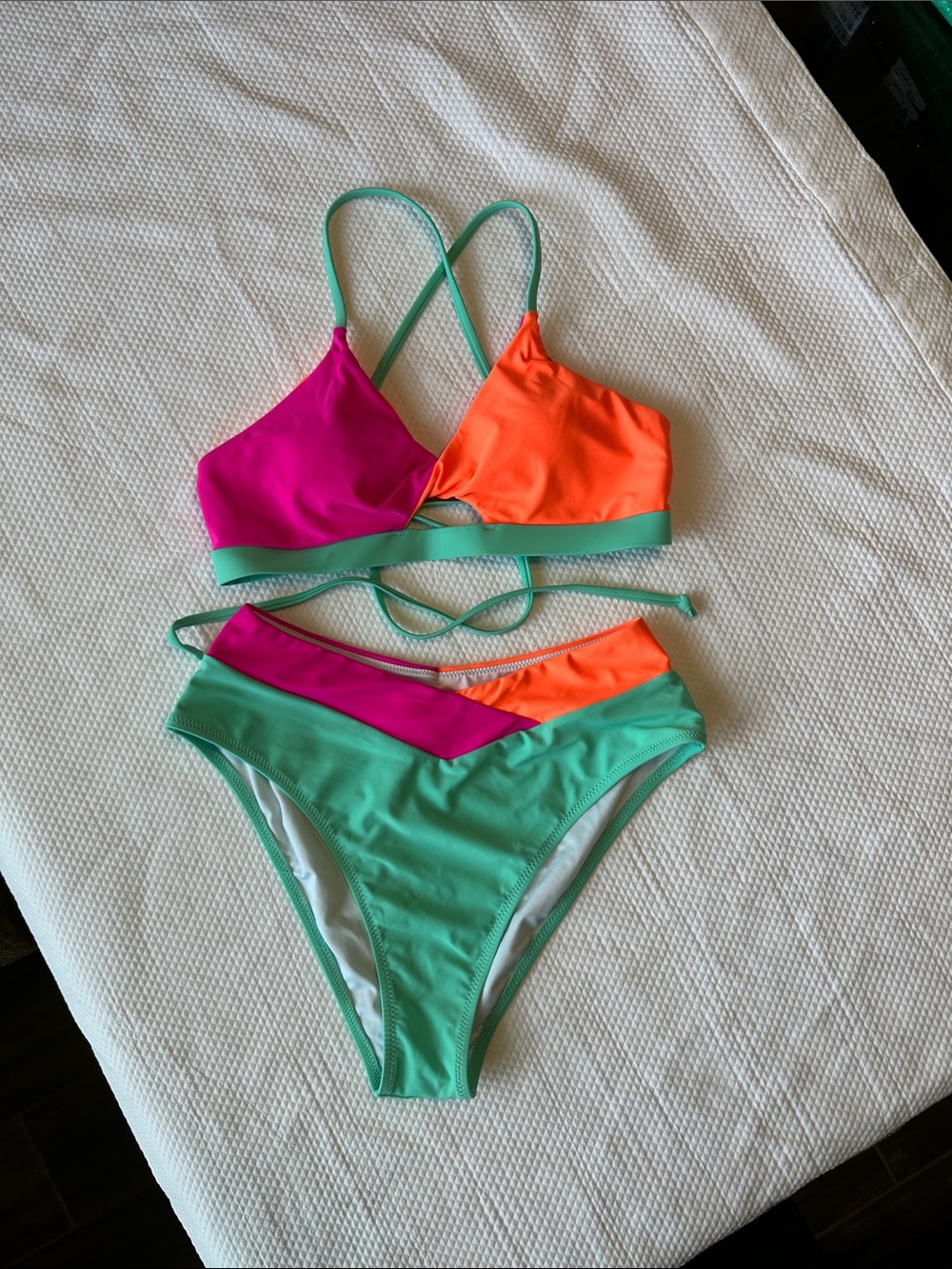 POPVIL Neon Colorblock Bikini Set Pink Orange Mint Green Y2K Medium